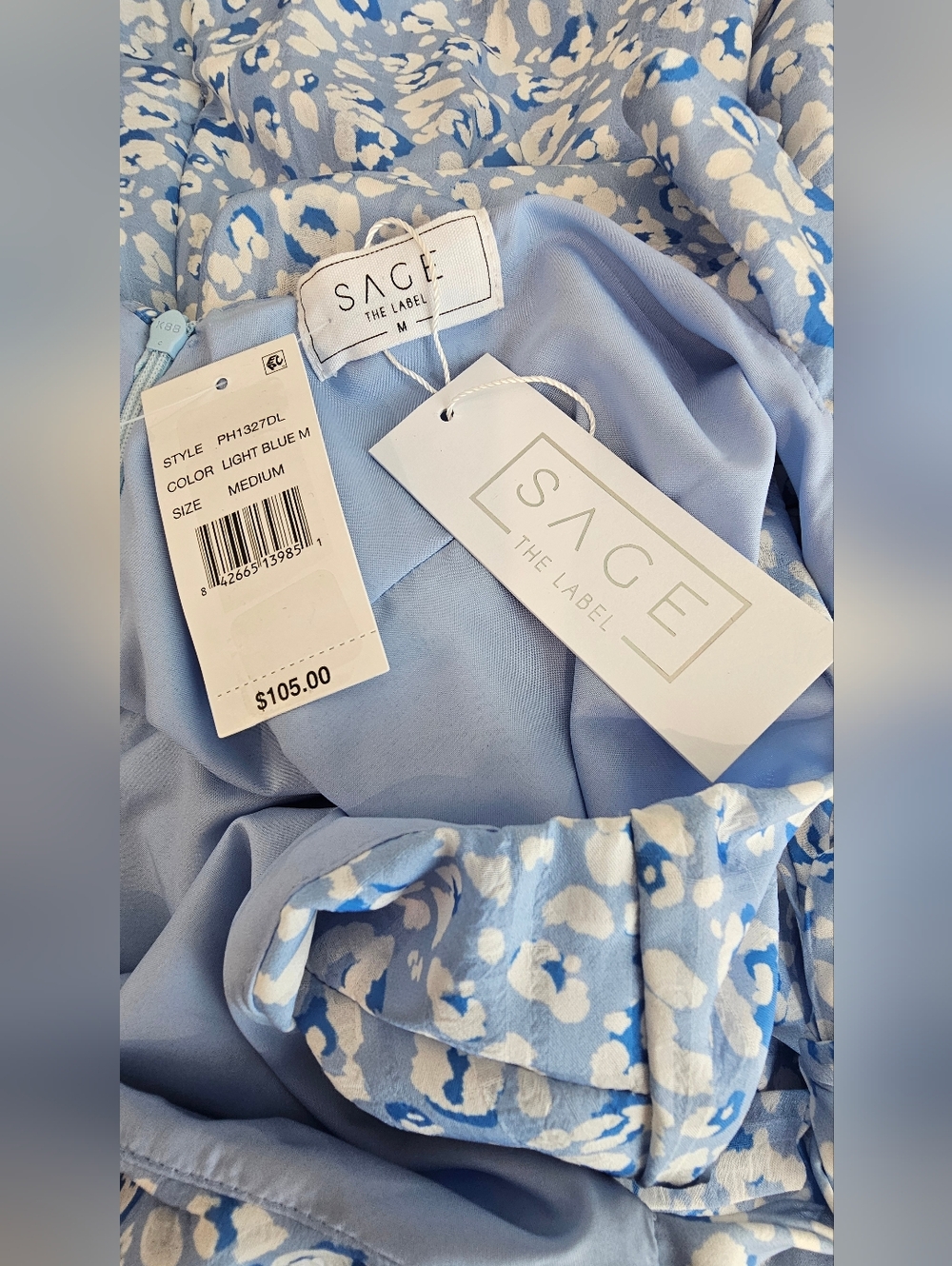 Sage Light Blue Print Tie-Shoulder Midi Dress W/Slit Women's Size Medium NWT - Picture 6 of 8